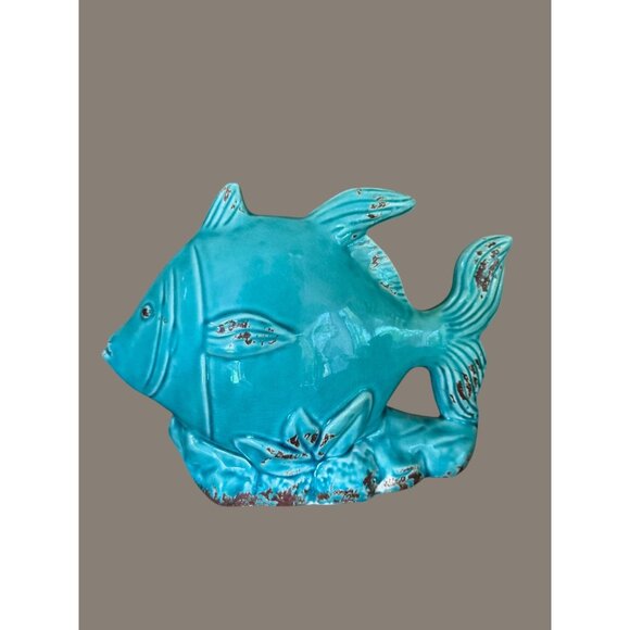 Vintage Benzara Turquoise Ceramic Fish Figurine Beach House Decor - Picture 5 of 8